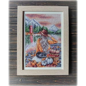 Paisaje otoñal - Patrón de punto de cruz, niña, calabaza, montaña, faro, decoración de pared para el hogar