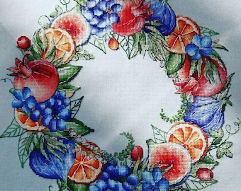 Garden Fruits Cross Stitch Pattern, Wreath Fruits Cross Stitch Design, Hand-drawn Cross Stitch, Colorful Cross Stitch, Fruits Cross Stitch