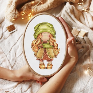 Little girl with acorn Tilda doll cross stitch pattern Modern cross stitch Hand embroidery design Small cross stitch Digital pdf pattern