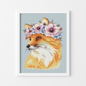 Cross Stitch Pattern PDF – Fox Portrait with Floral Crown, Anemones & Berries – Modern Animal Wall Art, Instant Download