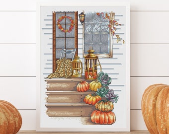 Autumn Porch – Cross Stitch Pattern PDF | Fall Pumpkins, Lanterns & Wreath, Cozy Farmhouse Decor, DMC Colors, Instant Download, Digital PDF