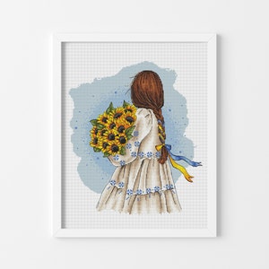 Ukrainian girl with sunflowers Love cross stitch pattern Hand embroidery design Custom cross stitch Ukraine cross stitch Digital pdf file