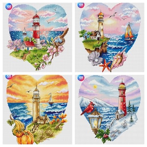 Faros de temporada - Patrón de punto de cruz, paquete 4 en 1, otoño, verano, invierno, primavera