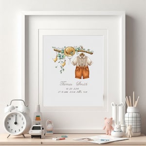 Op de afbeelding: Een ingelijste aquarelprint met een babyoutfit, inclusief een shirt en korte broek met bretels, een strohoed en decoratieve elementen. De print bevat de naam "Thomas Smith" en geboortegegevens.