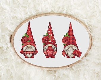 Gnome Cross Stitch Pattern – Valentine Love Gnomes Trio PDF, Red Rose Heart Gnome, Romantic Couples Decor, Instant Download Embroidery Chart
