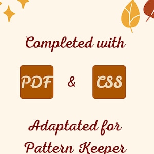 Peut inclure: Un graphique num&eacute;rique pour Miya Stitch Cross Stitch Patterns Studio avec des &eacute;toiles jaunes et des feuilles d'automne. Le texte indique : Completed with PDF & CSS, Adaptated for Pattern Keeper. Fond cr&egrave;me avec texte rouge fonc&eacute;.