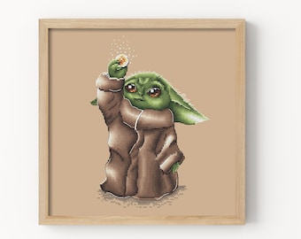 Space Baby Alien Cross Stitch Pattern – Cute Green Child in Brown Robe, Floating Knob, Sci-Fi Fantasy PDF, Modern Geek Decor