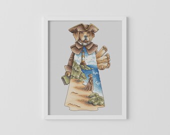 Nautical Dog Captain Cross Stitch Pattern PDF – Lighthouse & Beach Scene, Pirate Map, Coastal Decor, Instant Download, Digital PDF File