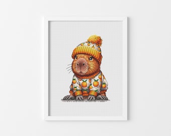 Baby Capybara Kreuzstichmuster, Tier Kreuzstich Design, Herbst Kreuzstich, Herbst Kreuzstich, kleiner Kreuzstich, digitale PDF-Datei