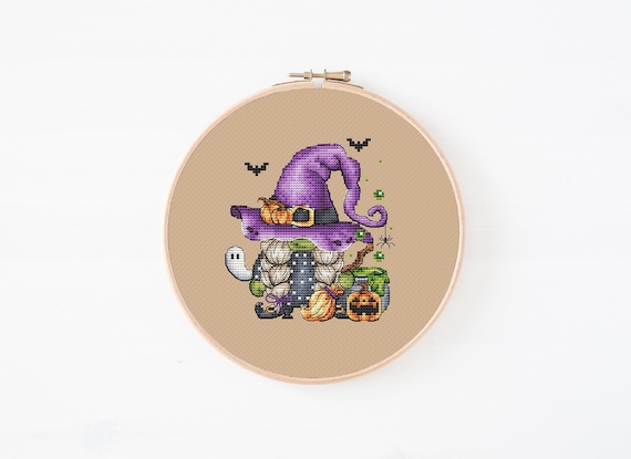 Little gnome witch Halloween cross stitch pattern Hand embroidery design Halloween gnome cross stitch Fairy cross stitch Spooky cross stitch