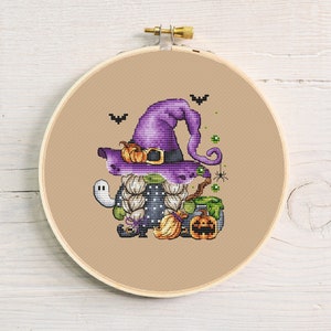 Little gnome witch Halloween cross stitch pattern Hand embroidery design Halloween gnome cross stitch Fairy cross stitch Spooky cross stitch