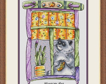 Patrón de punto de cruz "Mapache en la ventana" - Cortinas y plantas caprichosas / Bordado contado en PDF, descarga instantánea