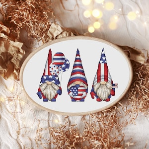 Punto de cruz de patriotas estadounidenses, patrón de punto de cruz de gnomos, bordado del Día de la Independencia, punto de cruz divertido, descarga digital en PDF
