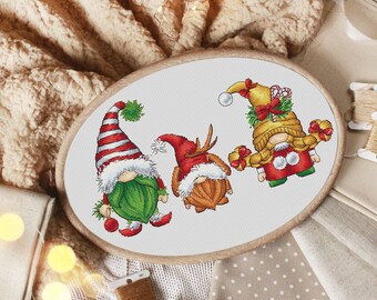 Christmas Gnomes Trio Cross Stitch Pattern PDF | Holiday Gnome Set, Cute Santa Elves, Instant Download