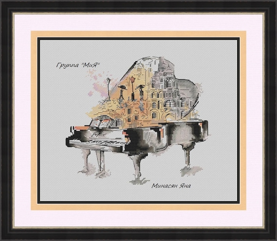 黒いピアノの街の風景 水彩クロスステッチパターン 音楽室のクロス