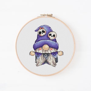 Spooky gnome in witch hat Halloween cross stitch pattern Hand embroidery design Halloween cross stitch decor Beginner needlepoint scheme