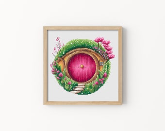 Halfling home cross stitch pattern Spring cross stitch Flowers cross stitch Floral cross stitch Fantasy cross stitch Rose door cross stitch