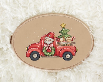 Gnome in red truck Christmas cross stitch pattern Hand embroidery design Chirstmas red truck cross stitch Gnome cross stitch Digital pdf