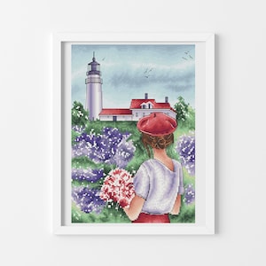 Cute girl in lavender field Nature cross stitch pattern Flowers cross stitch Landscape cross stitch Hand embroidery design Digital pdf file