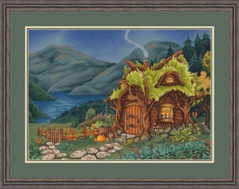 May include: A whimsical, moss-covered cottage nestled in a forest setting. The cottage has a wooden door and windows, and a stone path leads up to it. The scene is illuminated by a soft, blue light, creating a magical atmosphere.