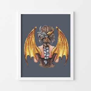 May include: A woman with long, braided hair adorned with a golden dragon. The woman is wearing a black dress and has golden dragon wings.