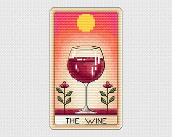 Wine Glass - Cross Stitch Pattern - Taro Card Cross Stitch , Sun , Major Arcana , Flowers , Red Wine , Sun , Digital Download , PDF FileCro