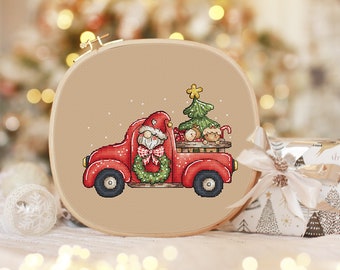 Christmas Red Car - Cross Stitch Pattern, Gnome Cross Stitch, Gnome Santa Cross Stitch, Christmas Tree, Miyastitch