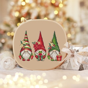 Three new year gnomes Christmas cross stitch pattern Hand embroidery design Beginner needlepoint scheme Christmas gnomes cross stitch
