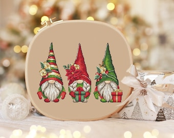 Three new year gnomes Christmas cross stitch pattern Hand embroidery design Beginner needlepoint scheme Christmas gnomes cross stitch