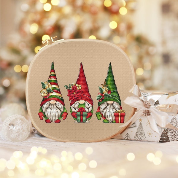 Three new year gnomes Christmas cross stitch pattern Hand embroidery design Beginner needlepoint scheme Christmas gnomes cross stitch