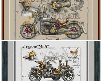 Vintage motorfietsen 2 in 1 Steampunk kruissteekpatroon Modern kruissteekontwerp Beginner borduurschema Digitaal pdf-bestand