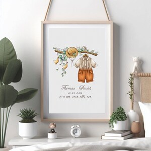 Op de afbeelding: Een ingelijste aquarelprint met babykleding, een strohoed en bloemaccenten. De print bevat de naam "Thomas Smith" en geboortegegevens: 29 oktober 2019, 07:16 uur, 53 cm, 3,6 kg. Het kunstwerk wordt gepresenteerd in een licht houten frame.
