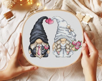 Cozy wedding gnomes Valentines day cross stitch pattern Wedding cross stitch gift Hand embroidery design Beginner needlepoint scheme