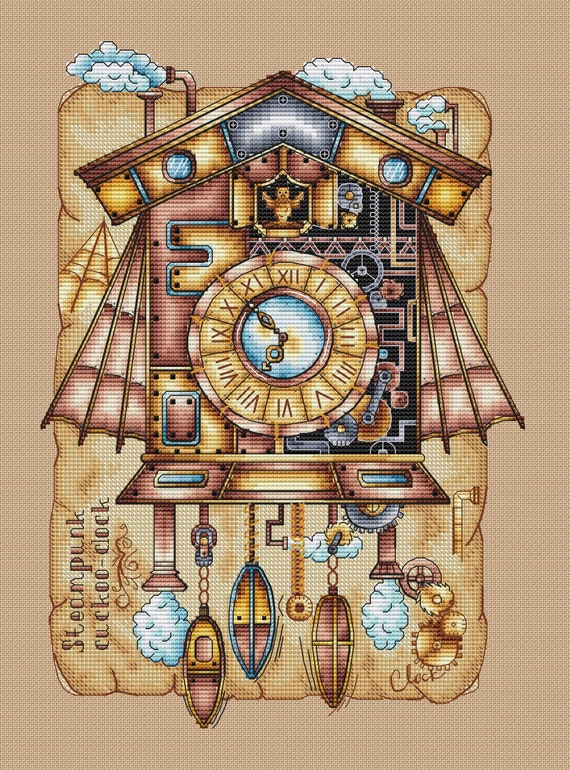 スチームパンクなカッコー時計 ヴィンテージクロスステッチ