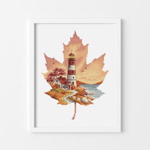Faro de otoño - Patrón de punto de cruz, decoración de temporada estilo cottagecore, decoración de punto de cruz DIY, Miyastitch