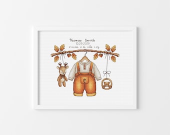 Boy Announcement - Cross Stitch Pattern, Baby Shower Cross Stitch, Fall Theme, Deer Cross Stitch
