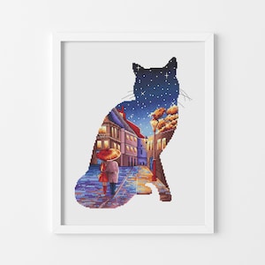 Lovers in old town Double exposure cross stitch pattern Cat cross stitch Modern cross stitch Hand embroidery design Digital pdf pattern