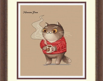 Könnte beinhalten: Eine braune Katze trägt einen roten Pullover mit weißen Streifen und hält eine Tasse Kaffee. Aus der Tasse steigt Dampf auf. Die Katze schaut nach rechts. Der Text "Minasian Yana" befindet sich in der oberen linken Ecke des Bildes.