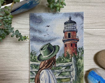 Girl in green hat and lighthouse Watercolor cross stitch pattern Mothers day cross stitch gift Hand embroidery design Digital pdf file
