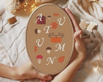 Cross Stitch Pattern PDF – Autumn Sampler “AUTUMN” Letters with Pumpkin, Acorns & Leaves