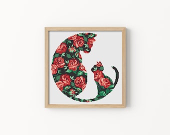 Mère chat et chaton Motif de point de croix facile Cadeau de point de croix pour la fête des mères Schéma de tapisserie débutant Conception de broderie à la main