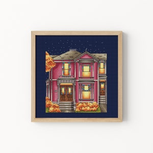 Kreuzstich Stickmuster PDF – Viktorianische Painted Lady Haus bei Nacht, Buntglasfenster – Instant Download