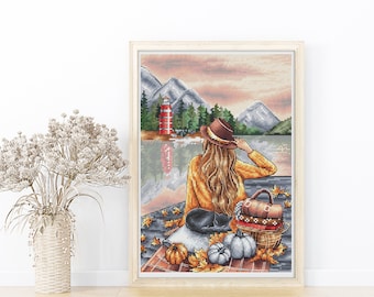 Girl and autumn landscape Watercolor cross stitch pattern Hand embroidery design Girl room cross stitch decor Digital pdf file