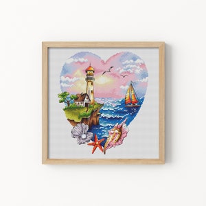 Colorful summer lighthouse Watercolor cross stitch pattern Hand embroidery design Birthday cross stitch gift Beginner needlepoint scheme