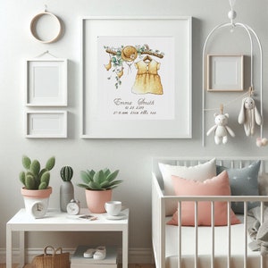 Peut inclure: Une impression murale encadr&eacute;e pr&eacute;sentant une illustration &agrave; l'aquarelle d'une robe jaune, d'un chapeau de paille et de deux petits oiseaux suspendus &agrave; une branche. Sous l'illustration, le texte indique Emma Smith, 10.29.2019, 07:16, 53 cm, 3657 g.