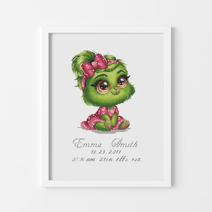 Babymeisje Grinch-kruissteekpatroon, aangepast kruissteekontwerp, handgetekende kruissteek, kruissteek babyaankondiging, digitale pdf