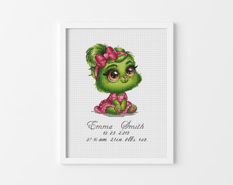 Green Baby - Cross Stitch Pattern, Birth Announcement, Baby Shower Xstitch Design, Custom, DIY Personalized, Miyastitch