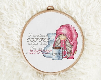 Gnome Coffee Cross Stitch Pattern • Funny Quote “I Pretend Coffee Helps…” • Snarky Adult Humor PDF • Modern Kitchen Wall Art Chart