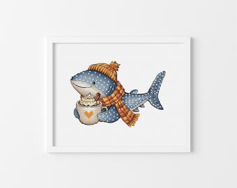 Fall Whale Shark - Cross Stitch Pattern, Autumn Vibe Xstitch, Kids Room Decor, Fall Animal Cross Stitch