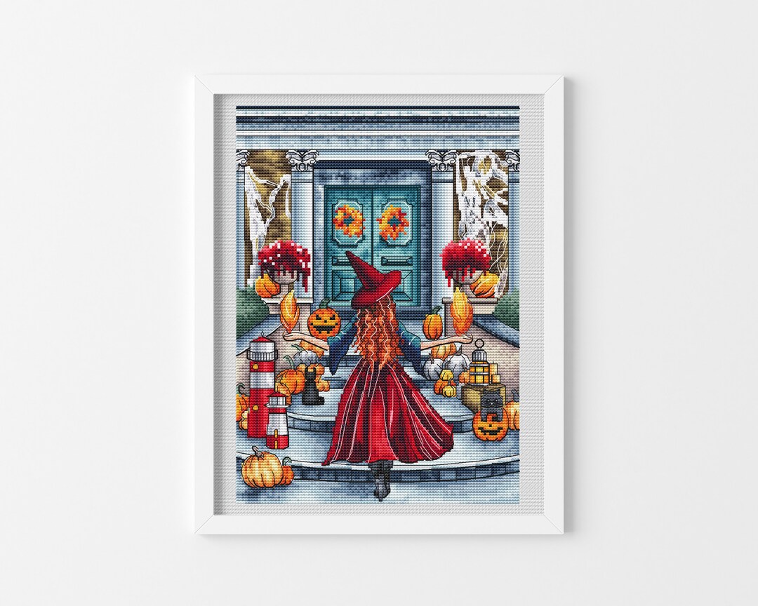 Witch in Red Hat Halloween Cross Stitch Pattern Hand Embroidery Design ...